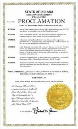 State of Indiana Proclamation Document - indicating Febrauray 18, 2018 is Rare Disease Day